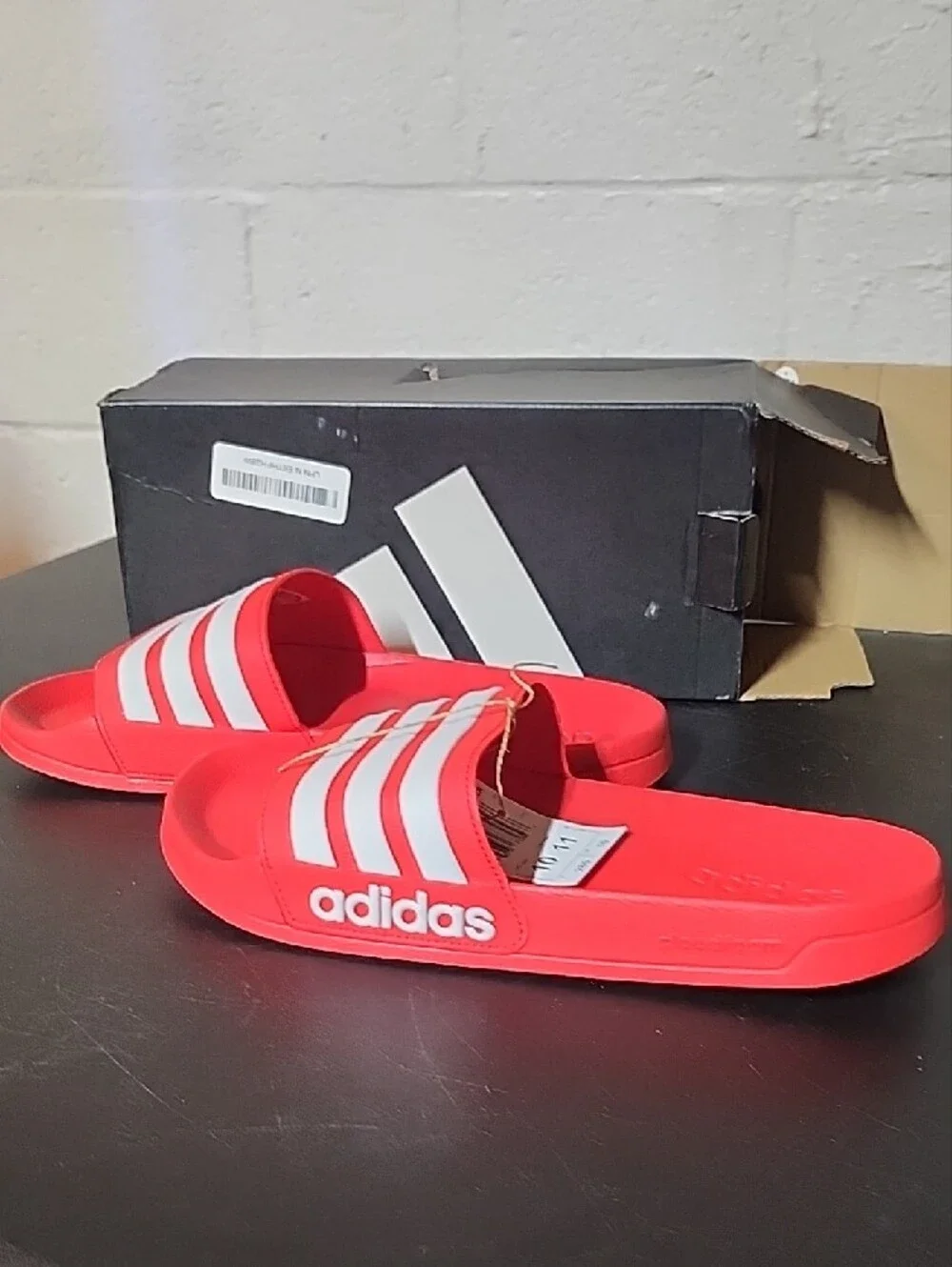 adidas Shower Red Slide Sandals with White Stripes